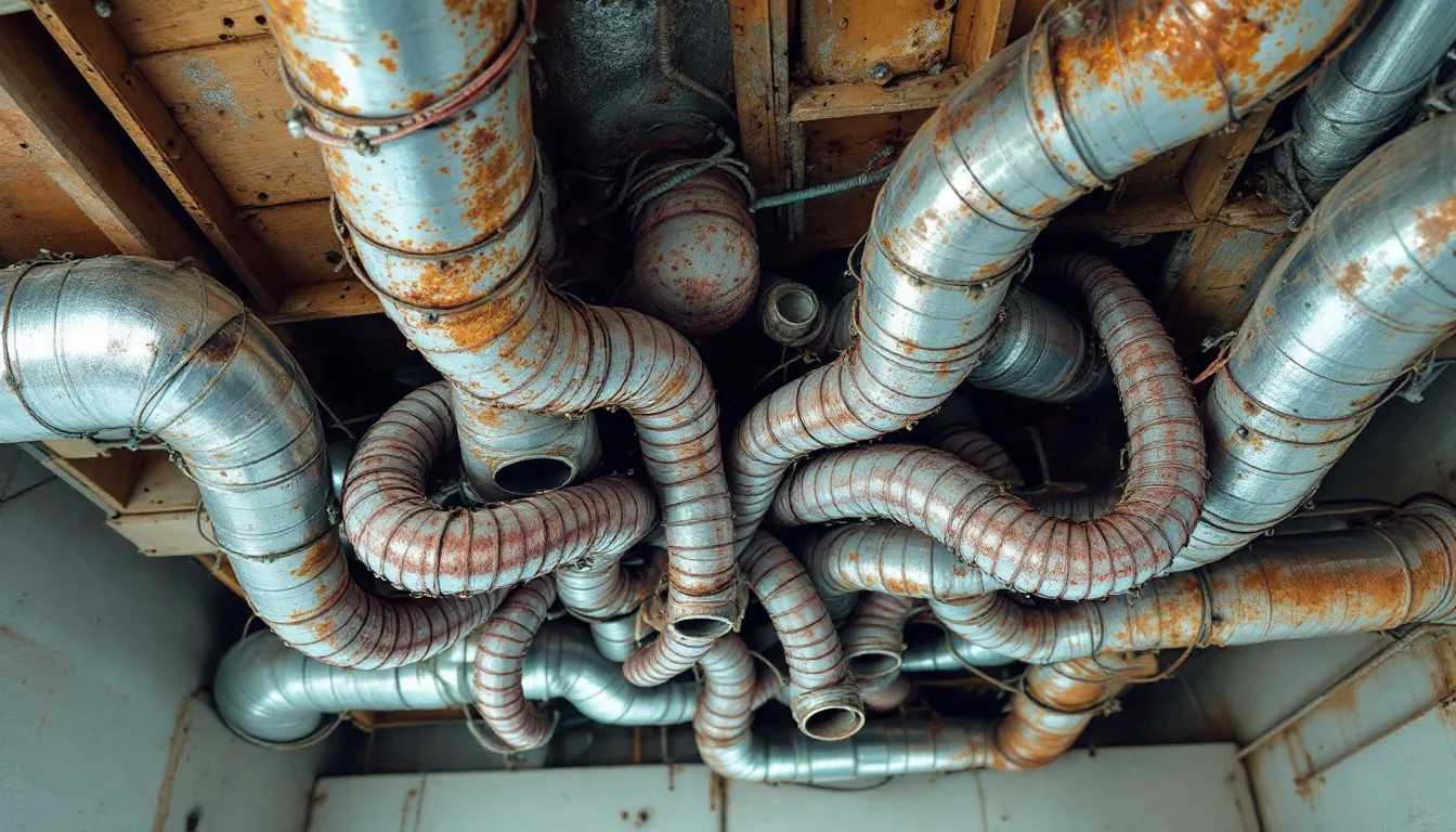 The image depicts a chaotic arrangement of residential ductwork resembling an octopus, illustrating poor ductwork design that can lead to issues such as air leaks and inefficient airflow. This tangled duct system can negatively impact the HVAC system's performance, resulting in uneven heating and cooling, increased energy bills, and compromised indoor air quality.